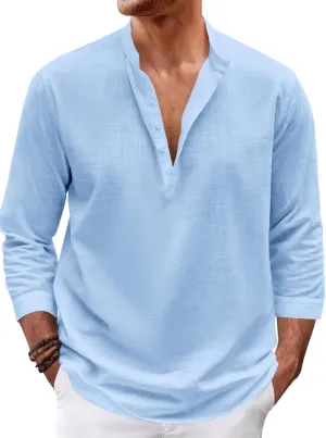 Karlywindow Mens Linen Henley Shirts Long Sleeve Hippie Yoga Summer Beach Casual Henleys T-Shirt