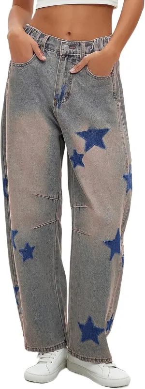 Kedera Women's Barrel Boyfriend Baggy Star Print Jeans Denim Pants Mid Rise Wide Leg Y2K Horseshoe Jeans Trendy