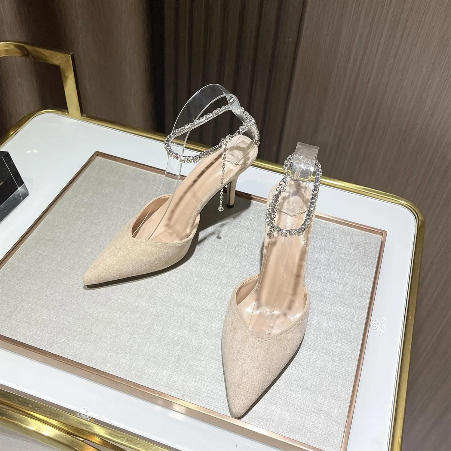 keleimusi Crystal-Embellished Ankle Strap Pumps Wedding Dress Stiletto Heels for Women
