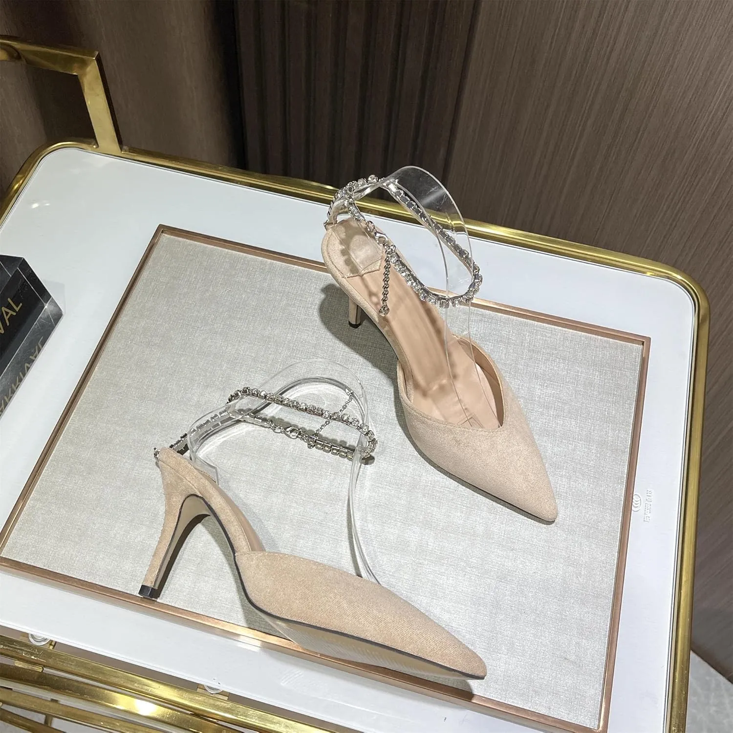 keleimusi Crystal-Embellished Ankle Strap Pumps Wedding Dress Stiletto Heels for Women