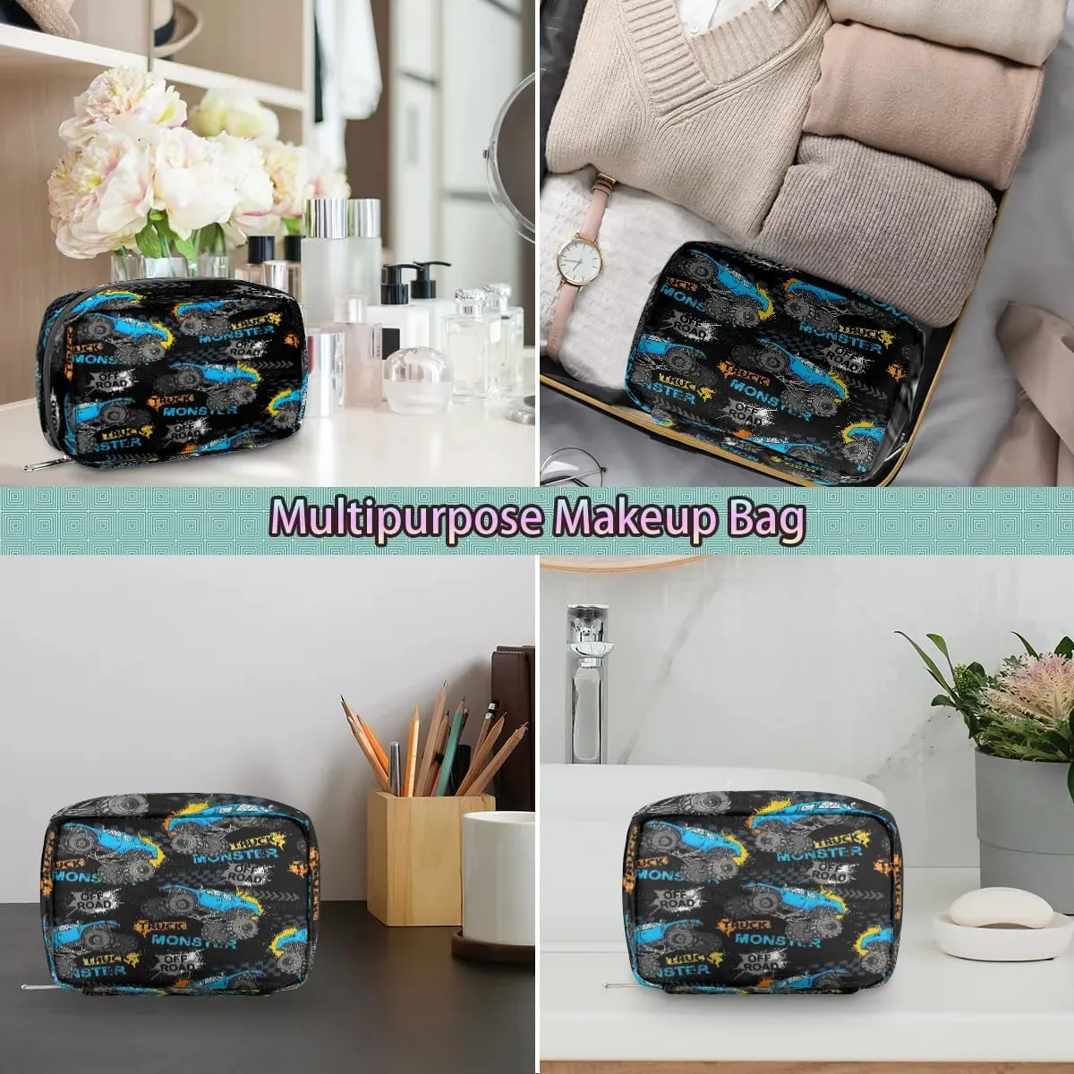 Kids Toiletry Bag for Boys, Cute Small Monster Car Trucks Wash Bag for Little Young Boys Waterproof Cosmetic Weekender Bag Toddler Traveling Toiletries