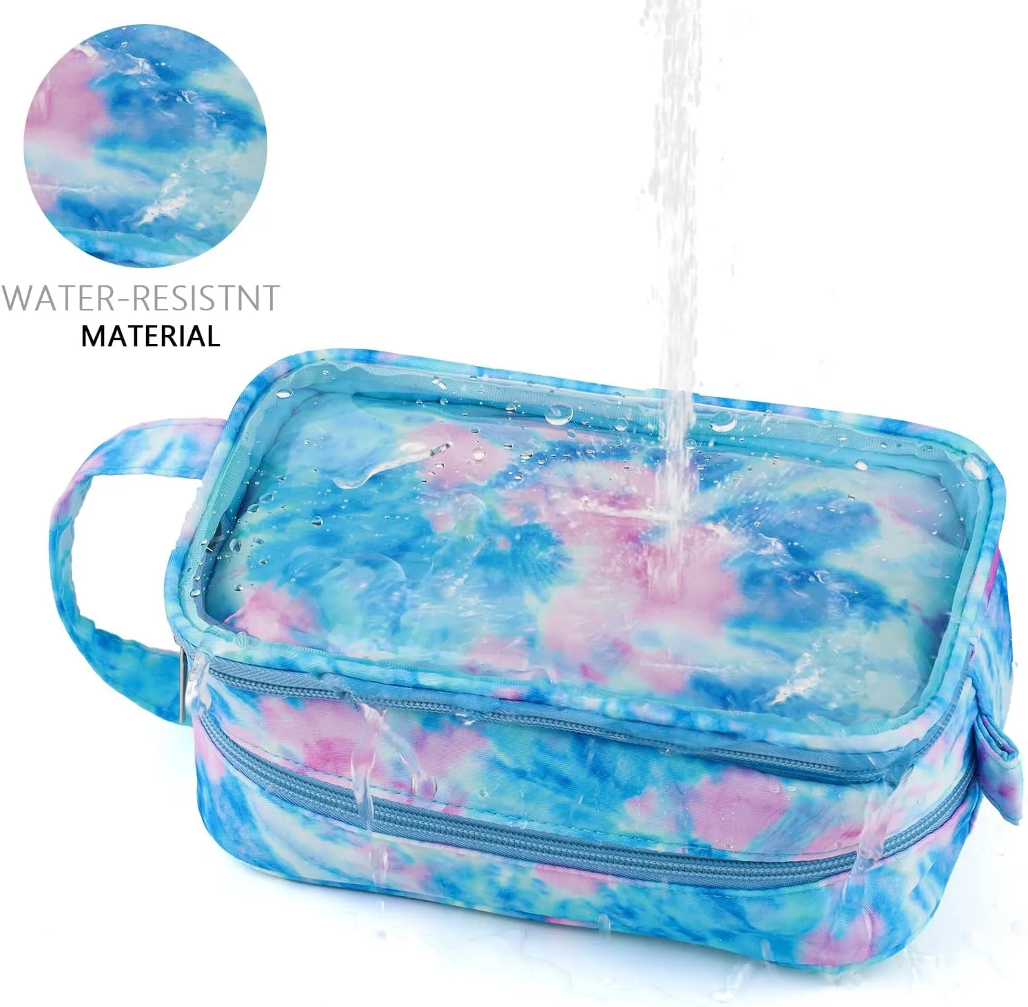 Kids Toiletry Bag for Girls, Travel Clear Toiletry Bag for Little Young Girls Cosmetic Bag Makeup Bag Waterproof Hanging Toddler Wash Bag, Blue Tie Dye