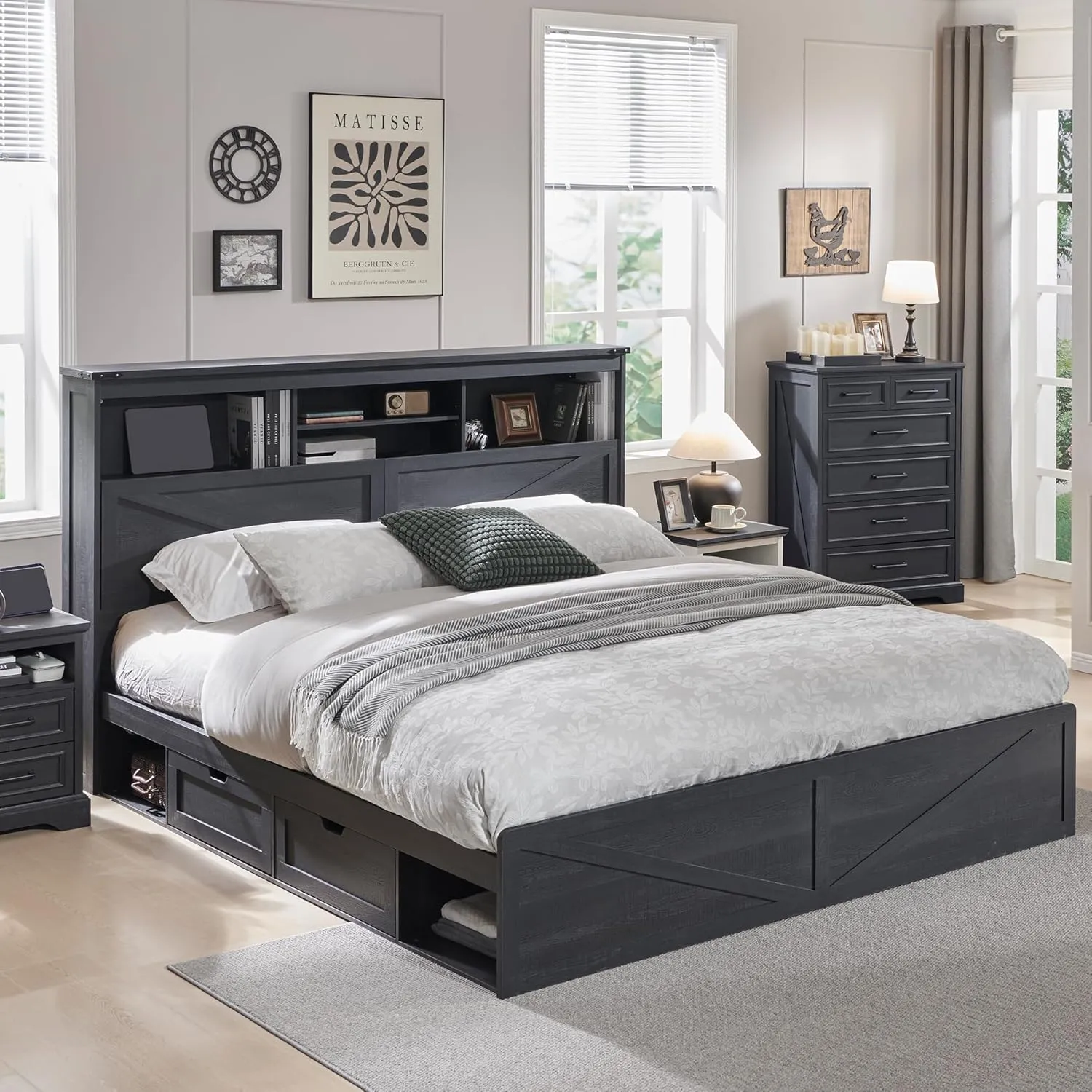 King Size Wood Bed Frame Farmhouse with 52" Tall Storage Bookcase Headboard, LED Light,Charging Station,4 Drawers and Solid Wood Slats Support,Noiseless,No Box Spring Needed - Black