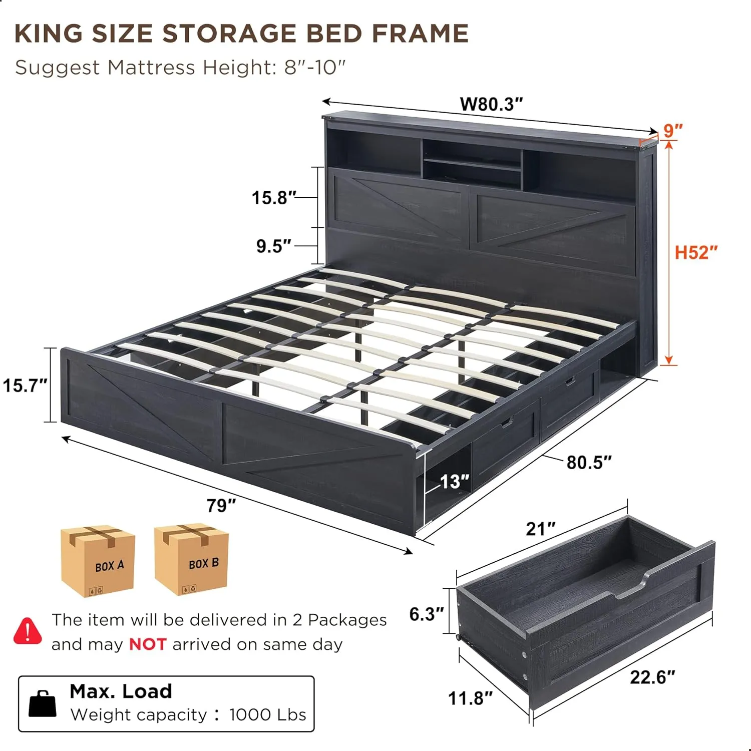 King Size Wood Bed Frame Farmhouse with 52" Tall Storage Bookcase Headboard, LED Light,Charging Station,4 Drawers and Solid Wood Slats Support,Noiseless,No Box Spring Needed - Black