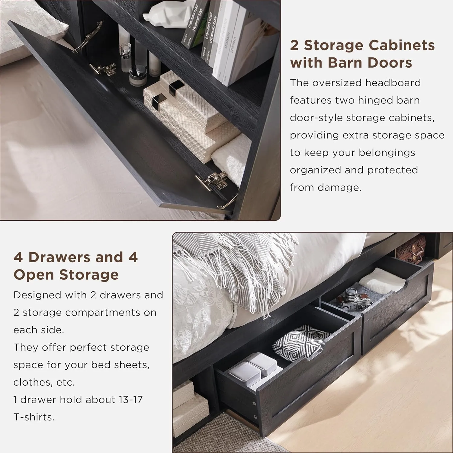 King Size Wood Bed Frame Farmhouse with 52" Tall Storage Bookcase Headboard, LED Light,Charging Station,4 Drawers and Solid Wood Slats Support,Noiseless,No Box Spring Needed - Black