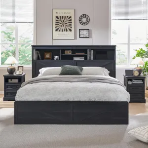 King Size Wood Bed Frame Farmhouse with 52" Tall Storage Bookcase Headboard, LED Light,Charging Station,4 Drawers and Solid Wood Slats Support,Noiseless,No Box Spring Needed - Black