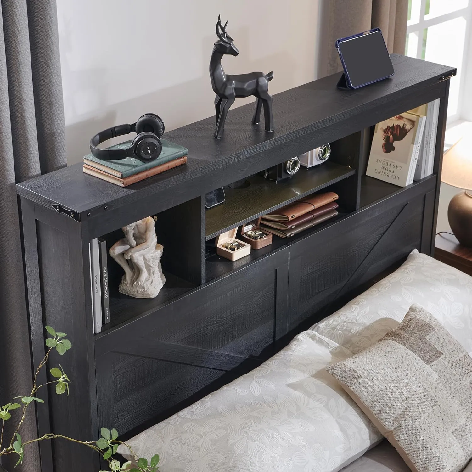 King Size Wood Bed Frame Farmhouse with 52" Tall Storage Bookcase Headboard, LED Light,Charging Station,4 Drawers and Solid Wood Slats Support,Noiseless,No Box Spring Needed - Black