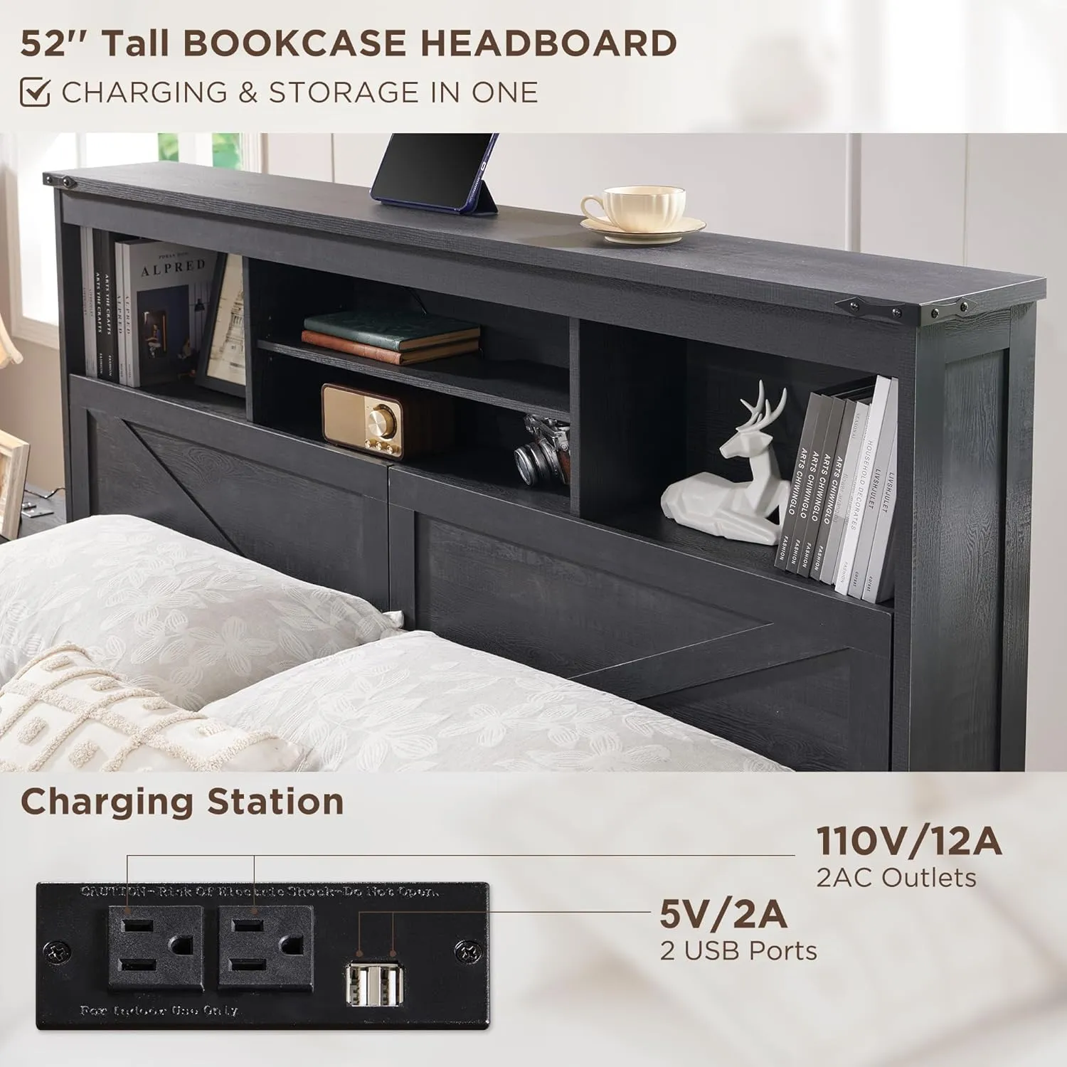 King Size Wood Bed Frame Farmhouse with 52" Tall Storage Bookcase Headboard, LED Light,Charging Station,4 Drawers and Solid Wood Slats Support,Noiseless,No Box Spring Needed - Black