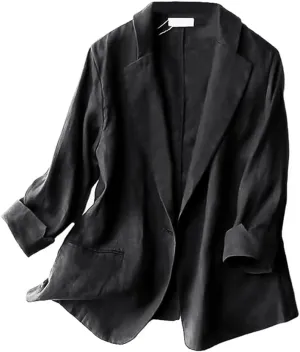 Kinghua Women's Casual One Button Linen Blazer Jackets Lapel 3/4 Sleeve Suit Blazer