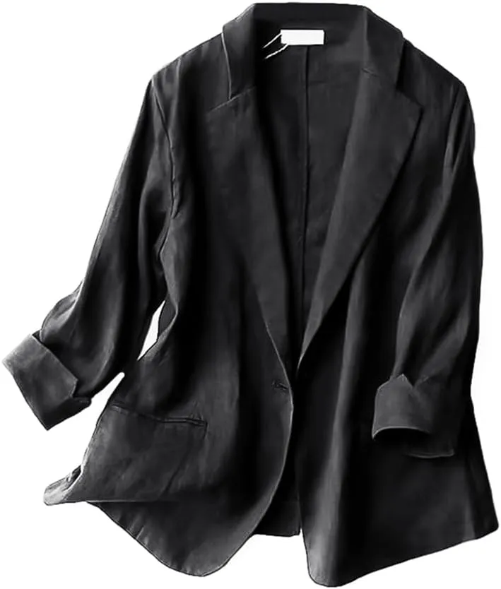Kinghua Women's Casual One Button Linen Blazer Jackets Lapel 3/4 Sleeve Suit Blazer