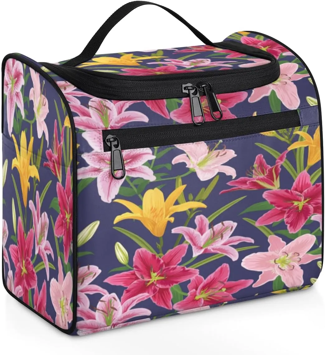 KOBLEN Flower Colored Lily Travel Toiletry Bag Water-Resistant Makeup Cosmetic Bag with Hanging Hook Large Capacity Makeup Organizer for Women Travel Essentials