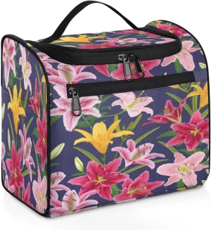 KOBLEN Flower Colored Lily Travel Toiletry Bag Water-Resistant Makeup Cosmetic Bag with Hanging Hook Large Capacity Makeup Organizer for Women Travel Essentials