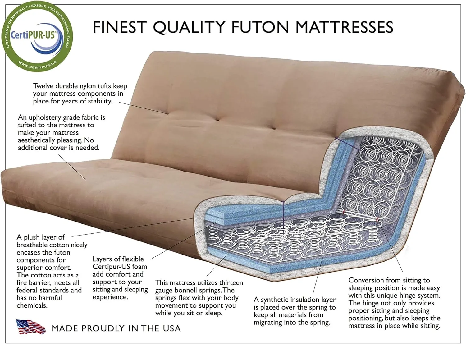 Kodiak Furniture Monterey Futon Set, No Drawers, with Barbados Base and Linen Cocoa Mattress
