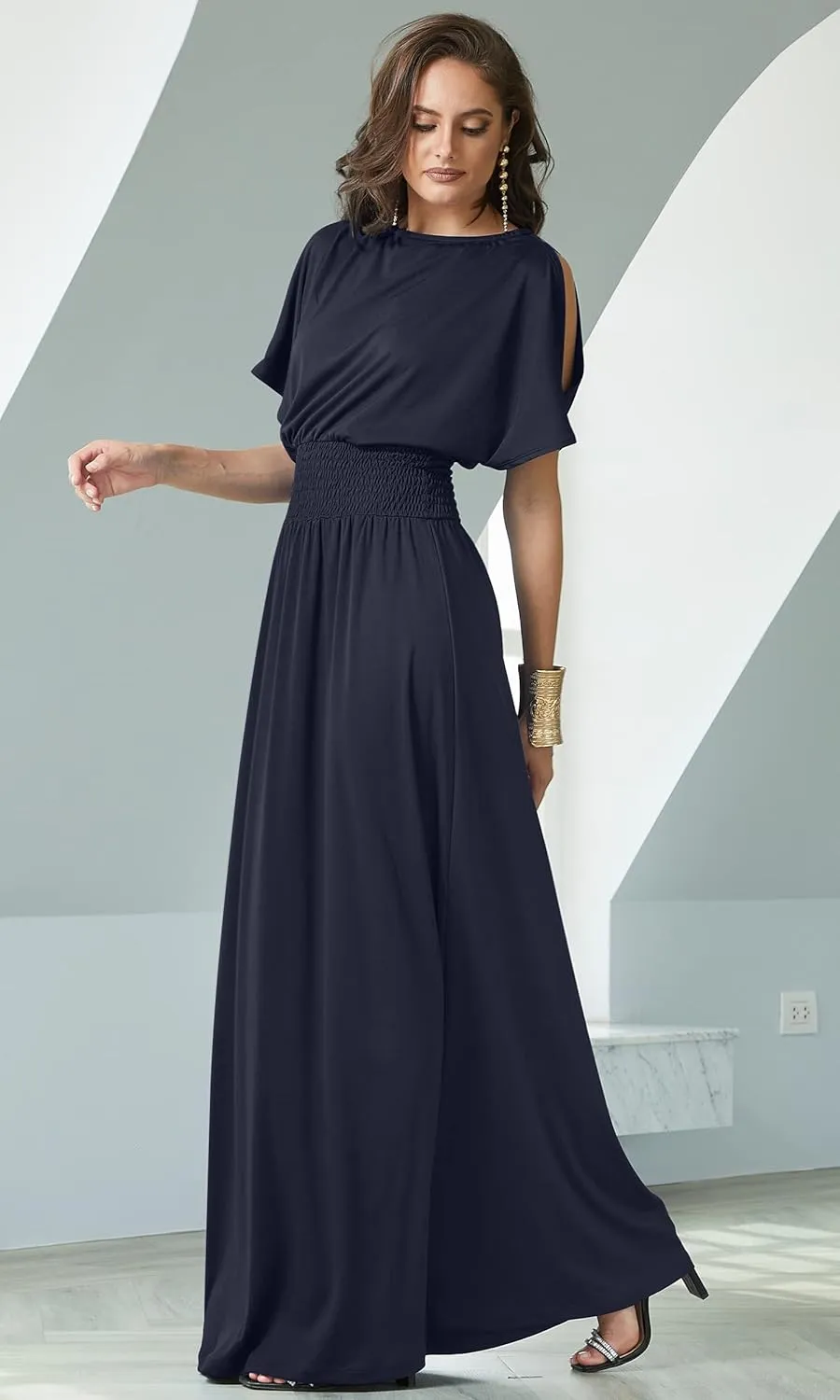 KOH KOH Womens Split Sleeves Smocked Elegant Cocktail Long Maxi Dress