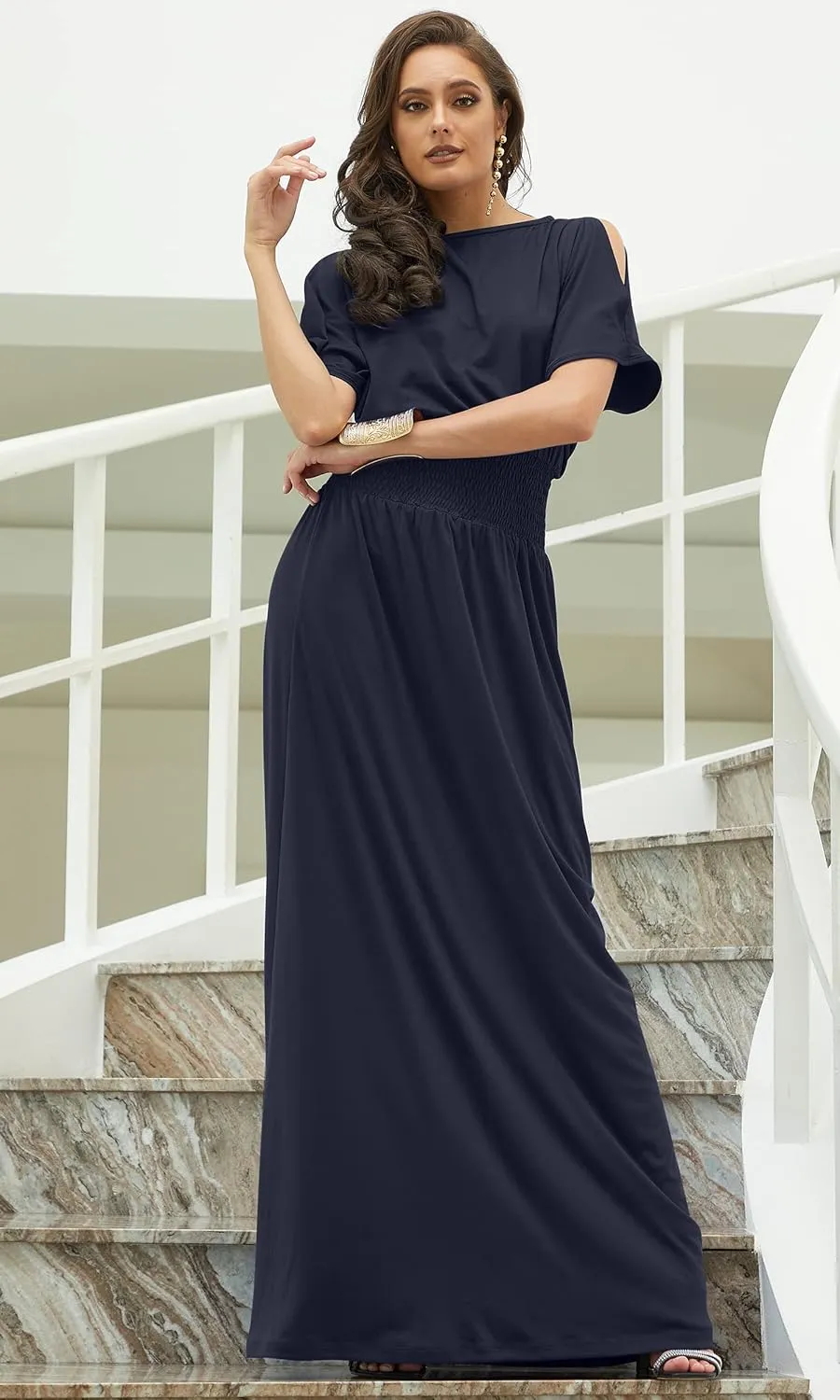 KOH KOH Womens Split Sleeves Smocked Elegant Cocktail Long Maxi Dress