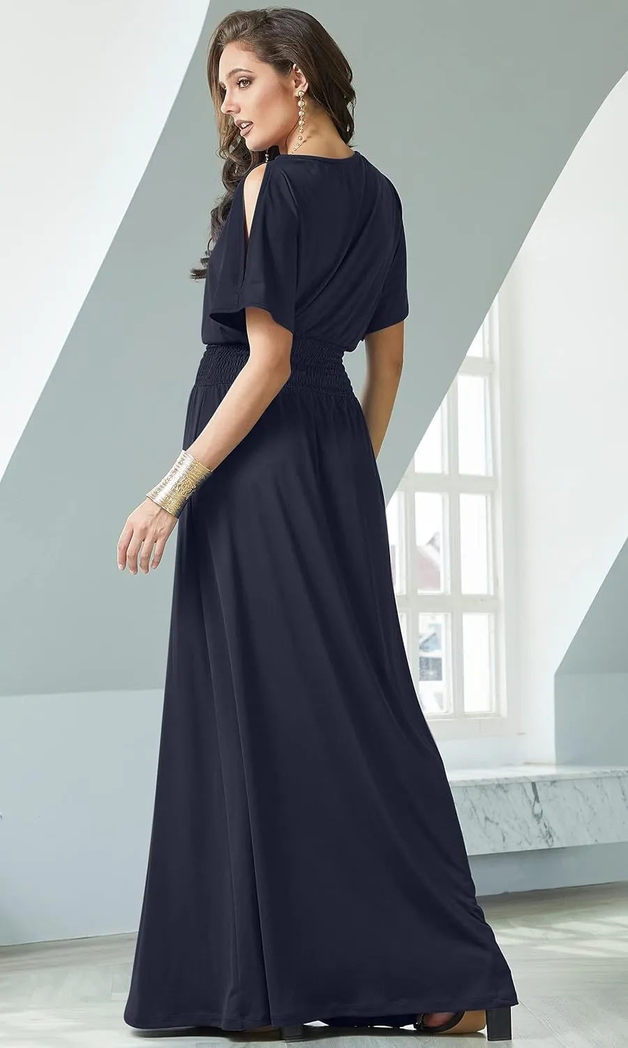 KOH KOH Womens Split Sleeves Smocked Elegant Cocktail Long Maxi Dress