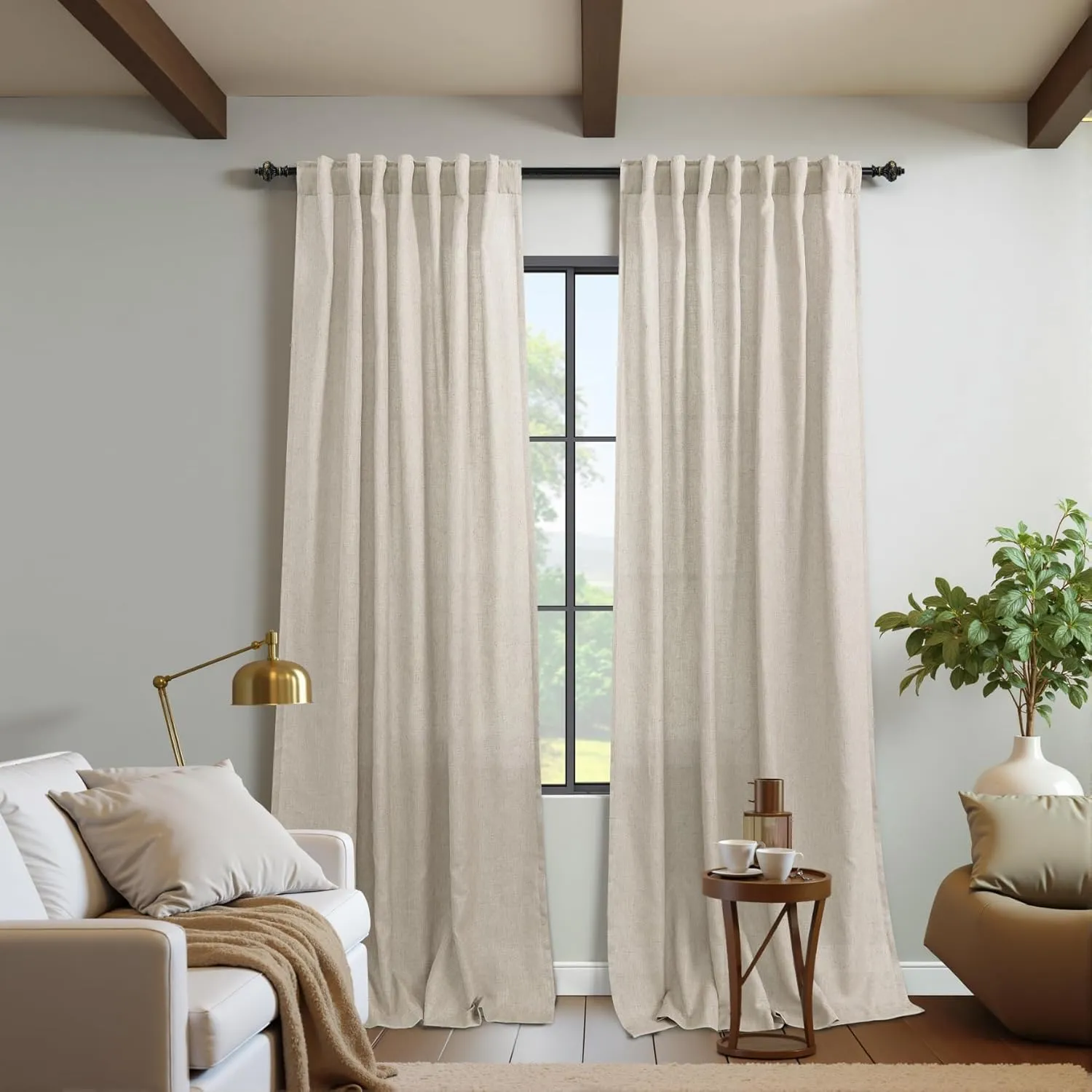KOUFALL Tan Rustic Curtains for Living Room 84 Inches Long,Sheer European Thick Flax Faux Linen Blend Burlap Farmhouse Decor Primitive Country Curtains for Bedroom,2 Panels Set,Oatmeal Greige