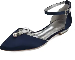 Lady Elegant Pointed Toe Satin Dress Flats Shoes with Pearl and Crystals