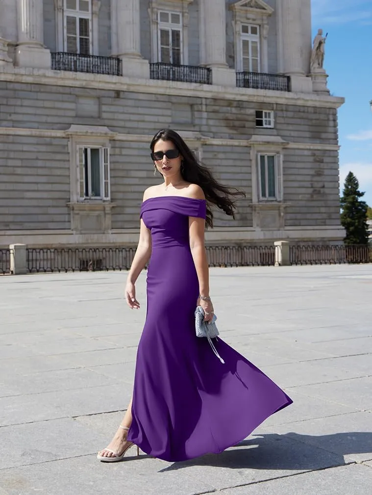 LAGSHIAN Women's Elegant Bodycon Off Shoulder Sleeveless High Split Ruched Long Formal Evening Dress