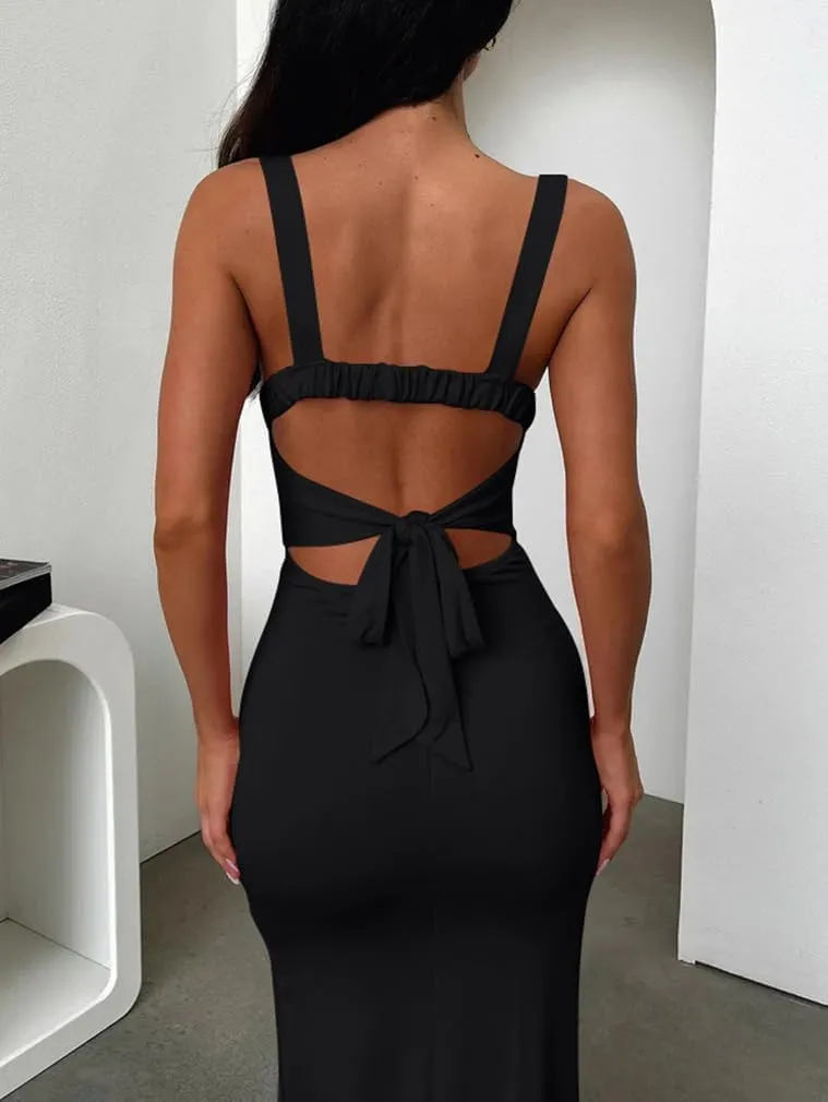 LAGSHIAN Women's Sexy Backless Square Neck Sleeveless Split Hem Tank Tops Evening Long Dresses