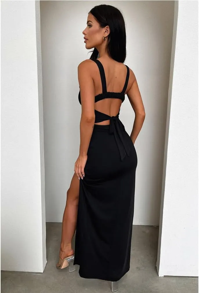 LAGSHIAN Women's Sexy Backless Square Neck Sleeveless Split Hem Tank Tops Evening Long Dresses