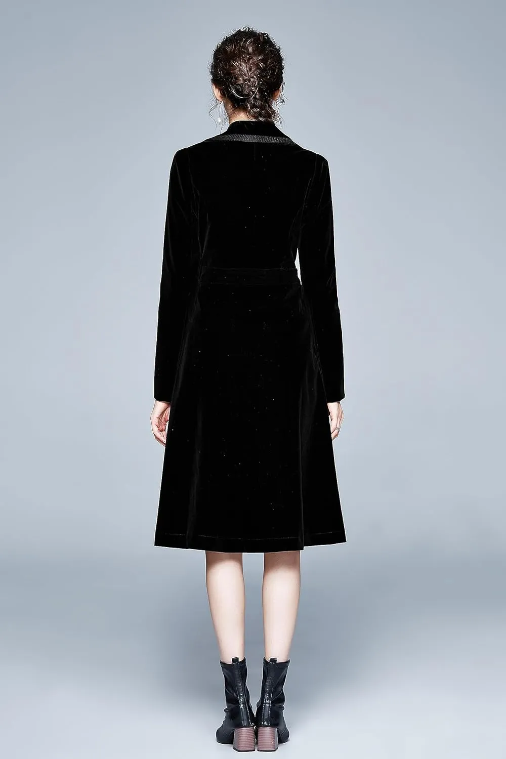 LAI MENG FIVE CATS Women's Elegant Notched Lapel Velvet Maxi-Length Trench Coat with Pocket
