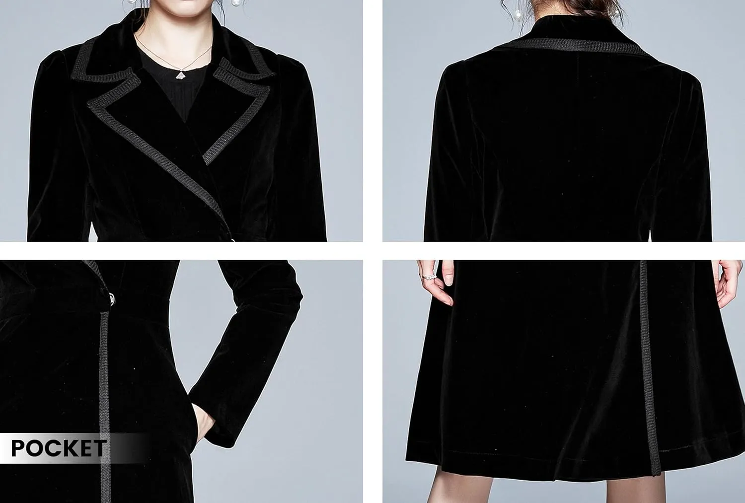 LAI MENG FIVE CATS Women's Elegant Notched Lapel Velvet Maxi-Length Trench Coat with Pocket