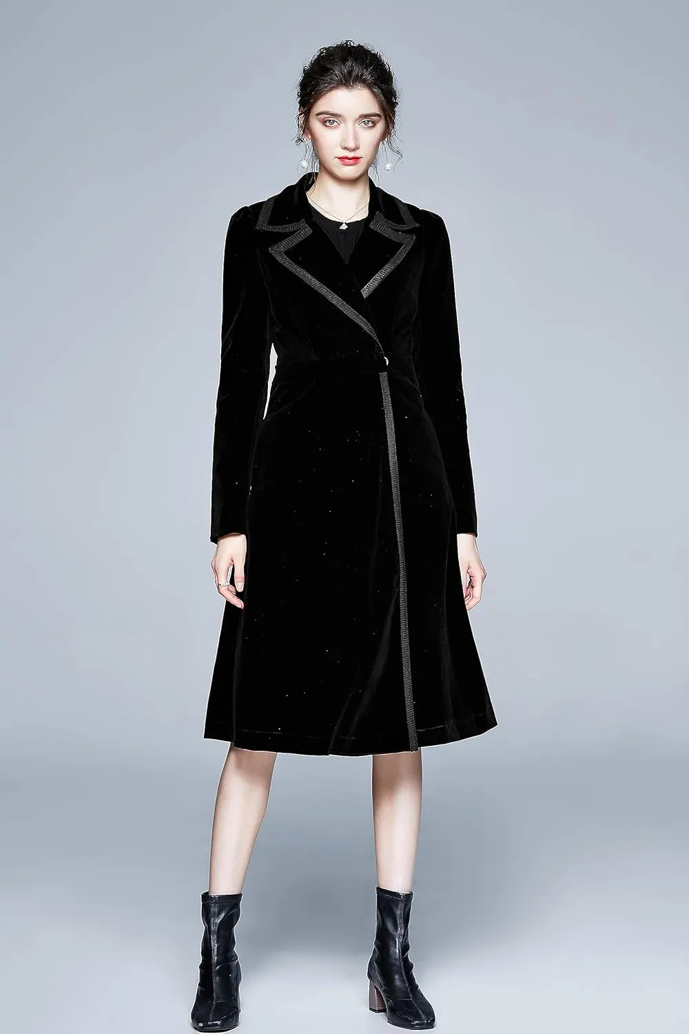 LAI MENG FIVE CATS Women's Elegant Notched Lapel Velvet Maxi-Length Trench Coat with Pocket
