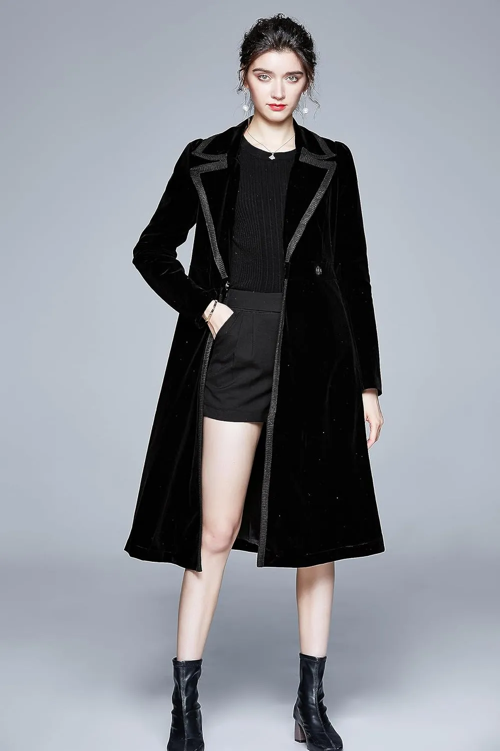 LAI MENG FIVE CATS Women's Elegant Notched Lapel Velvet Maxi-Length Trench Coat with Pocket
