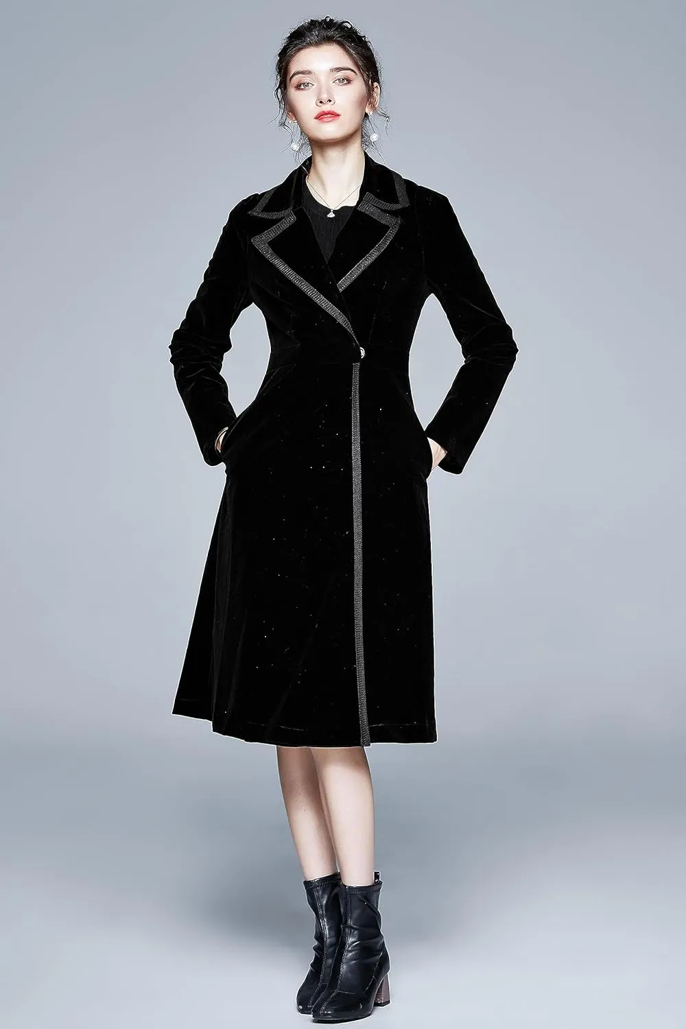 LAI MENG FIVE CATS Women's Elegant Notched Lapel Velvet Maxi-Length Trench Coat with Pocket