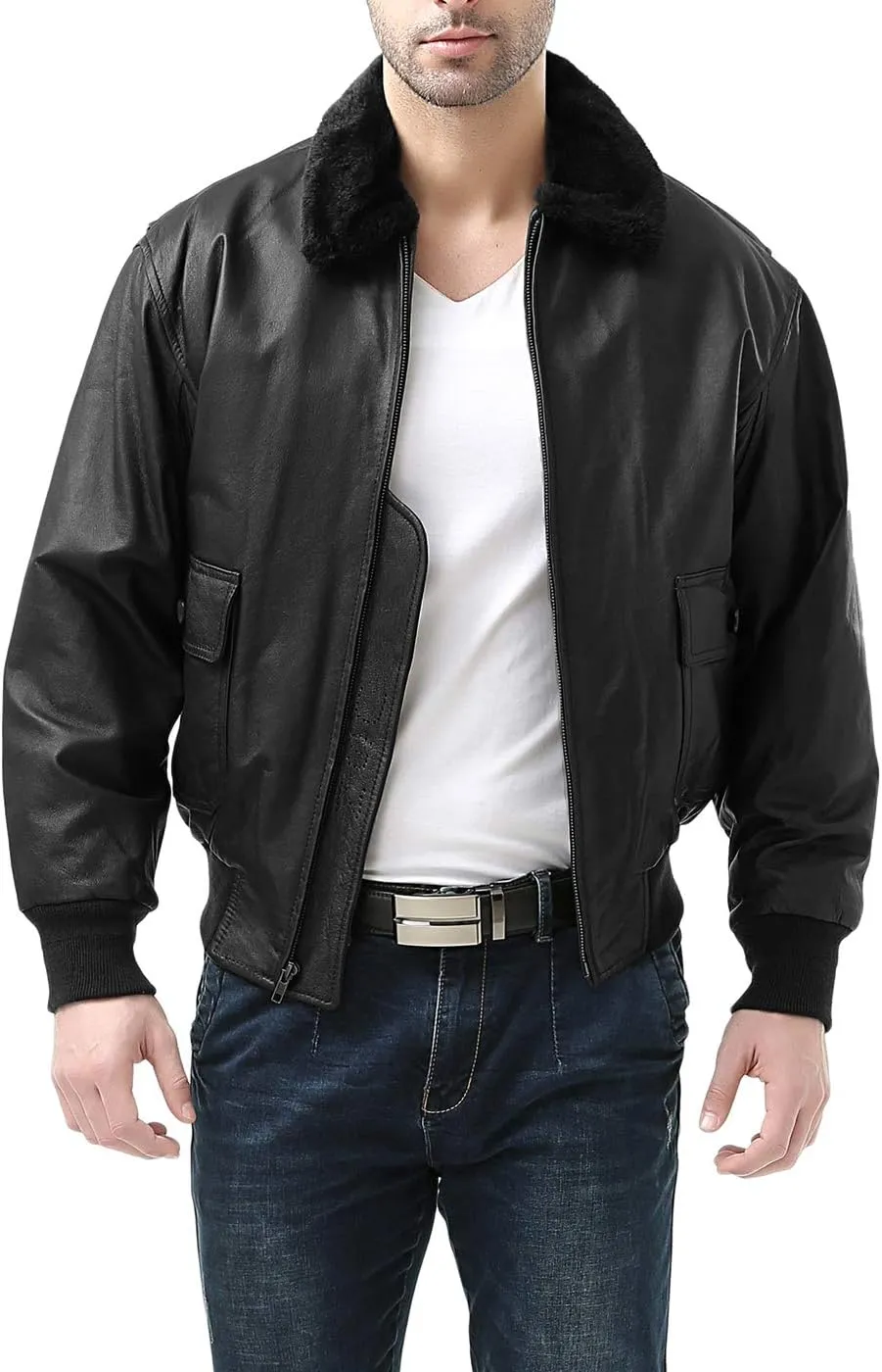 Landing Leathers Men Navy G-1 Leather Flight Bomber Jacket (Also available in Big & Tall)