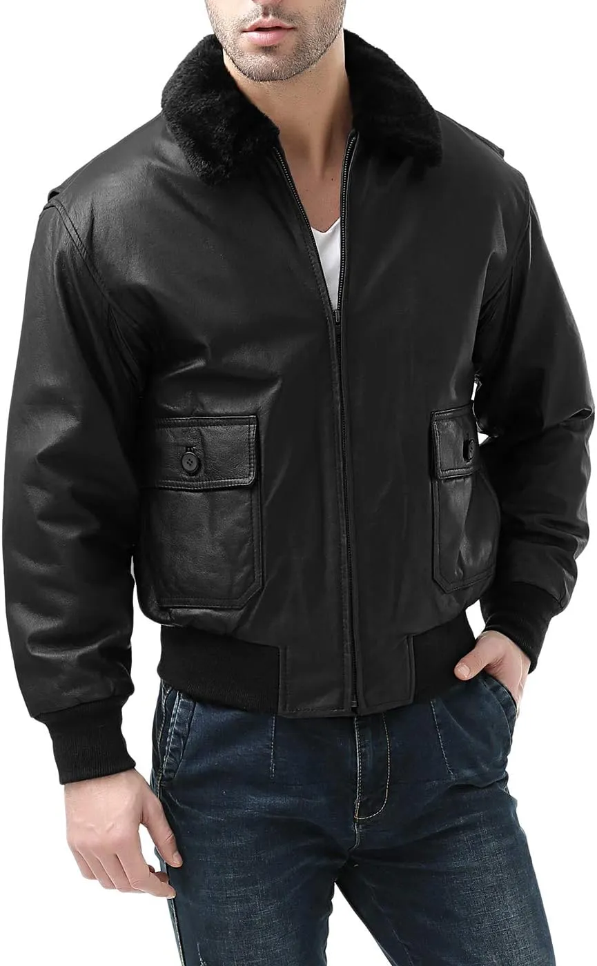 Landing Leathers Men Navy G-1 Leather Flight Bomber Jacket (Also available in Big & Tall)