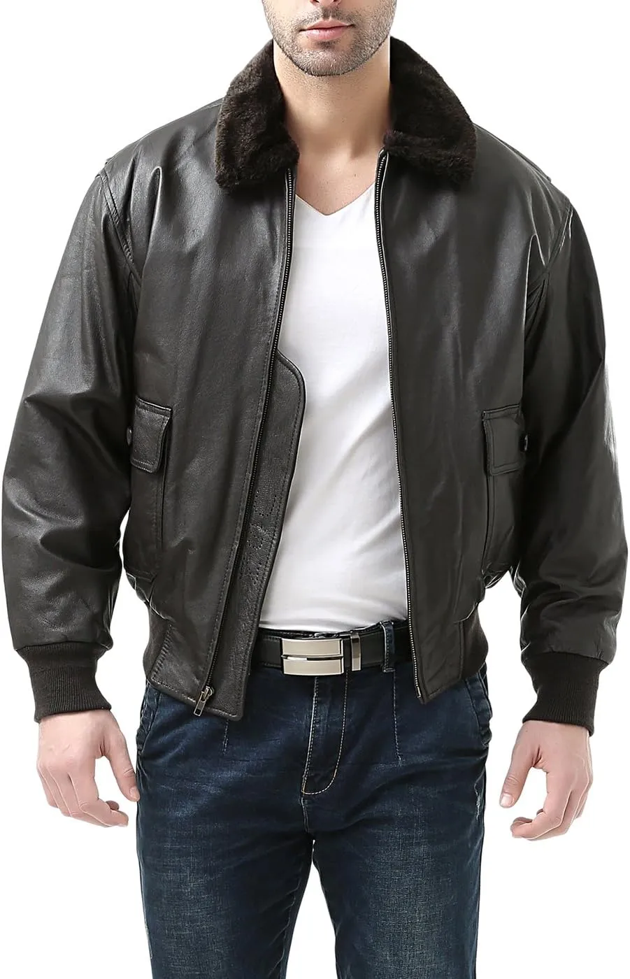 Landing Leathers Men Navy G-1 Leather Flight Bomber Jacket (Also available in Big & Tall)