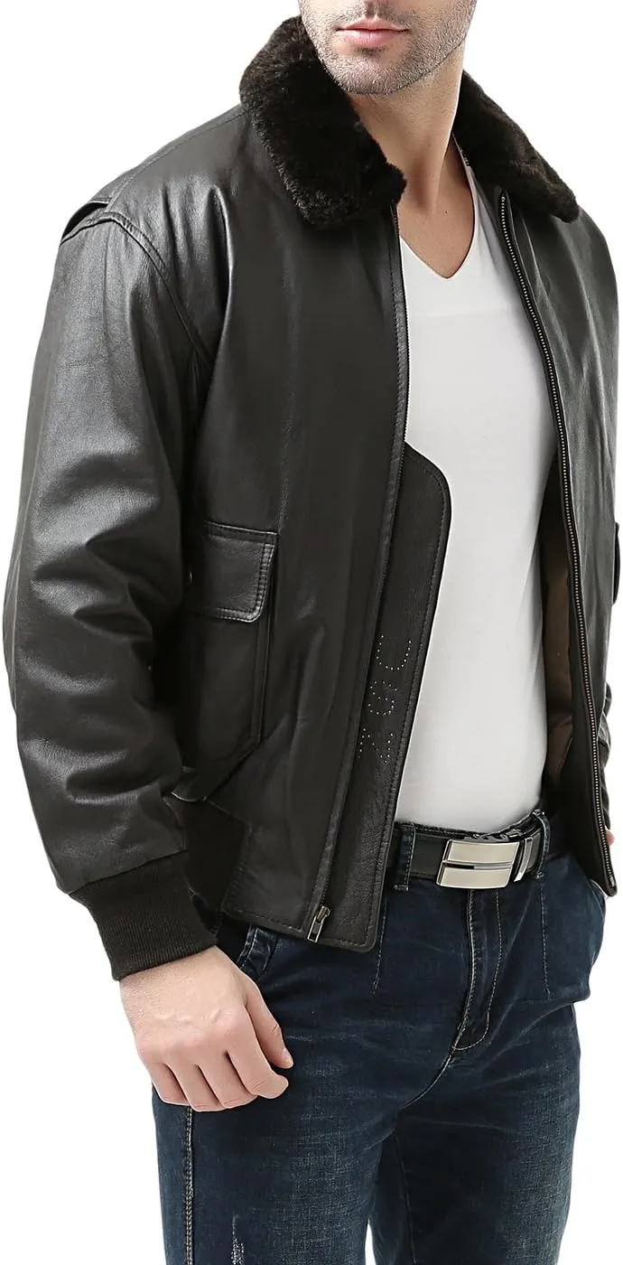 Landing Leathers Men Navy G-1 Leather Flight Bomber Jacket (Also available in Big & Tall)