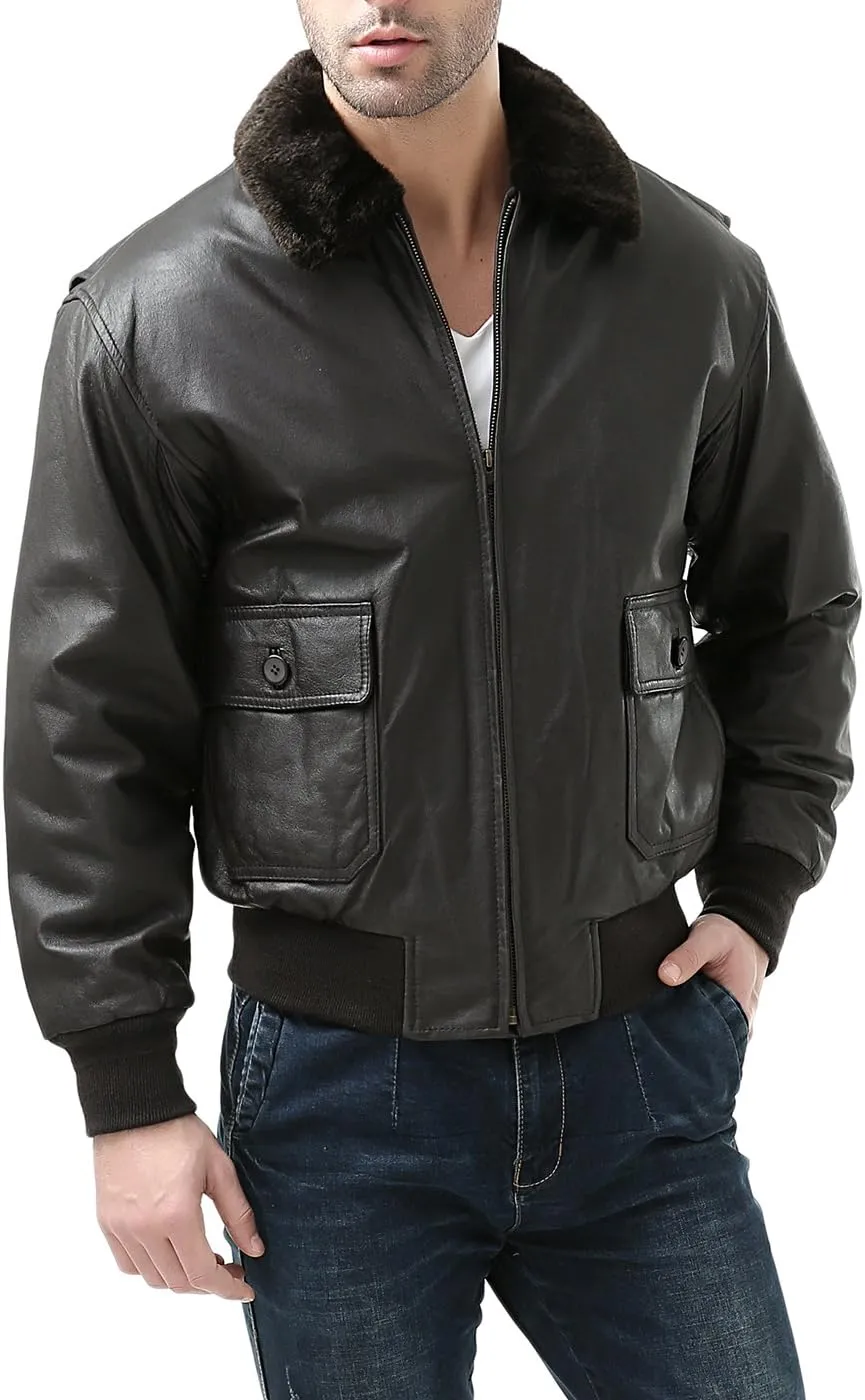 Landing Leathers Men Navy G-1 Leather Flight Bomber Jacket (Also available in Big & Tall)