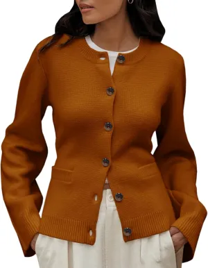 Langwyqu Womens Button Down Cardigan Sweaters Open Front Long Sleeve Slim Fit Sweater Coat Winter Solid Outwear with Pockets
