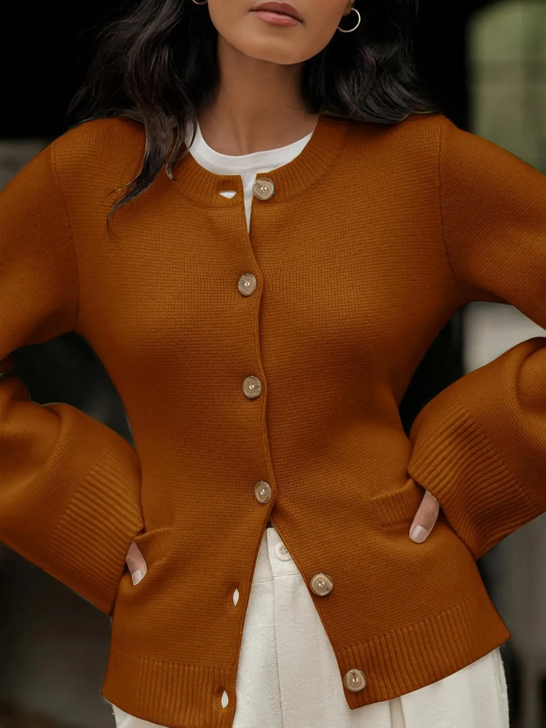 Langwyqu Womens Button Down Cardigan Sweaters Open Front Long Sleeve Slim Fit Sweater Coat Winter Solid Outwear with Pockets