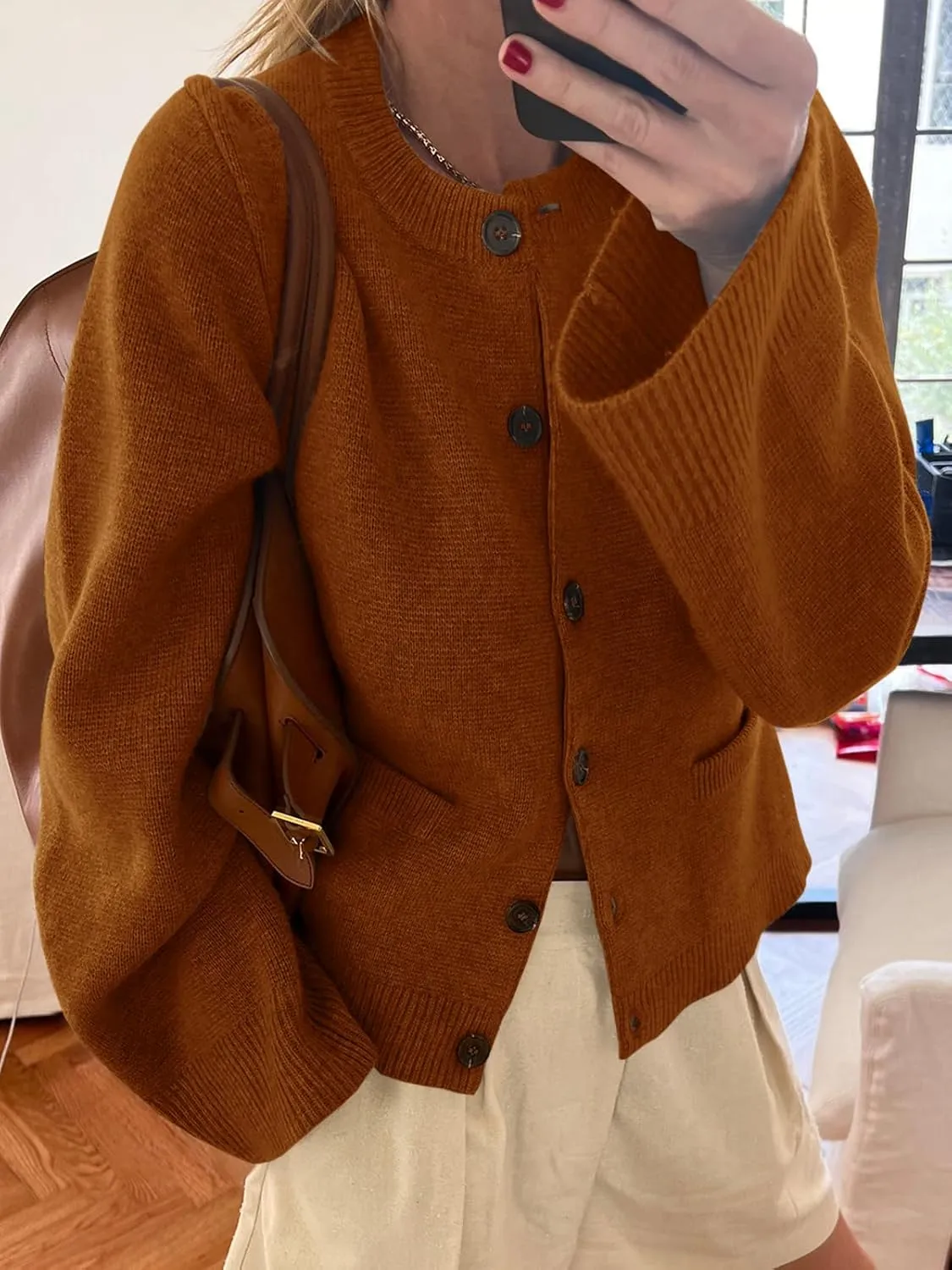 Langwyqu Womens Button Down Cardigan Sweaters Open Front Long Sleeve Slim Fit Sweater Coat Winter Solid Outwear with Pockets