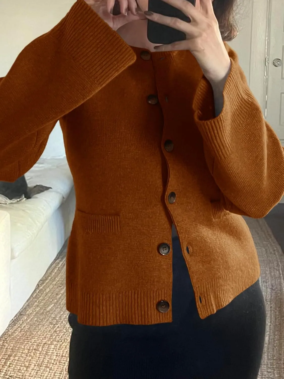 Langwyqu Womens Button Down Cardigan Sweaters Open Front Long Sleeve Slim Fit Sweater Coat Winter Solid Outwear with Pockets