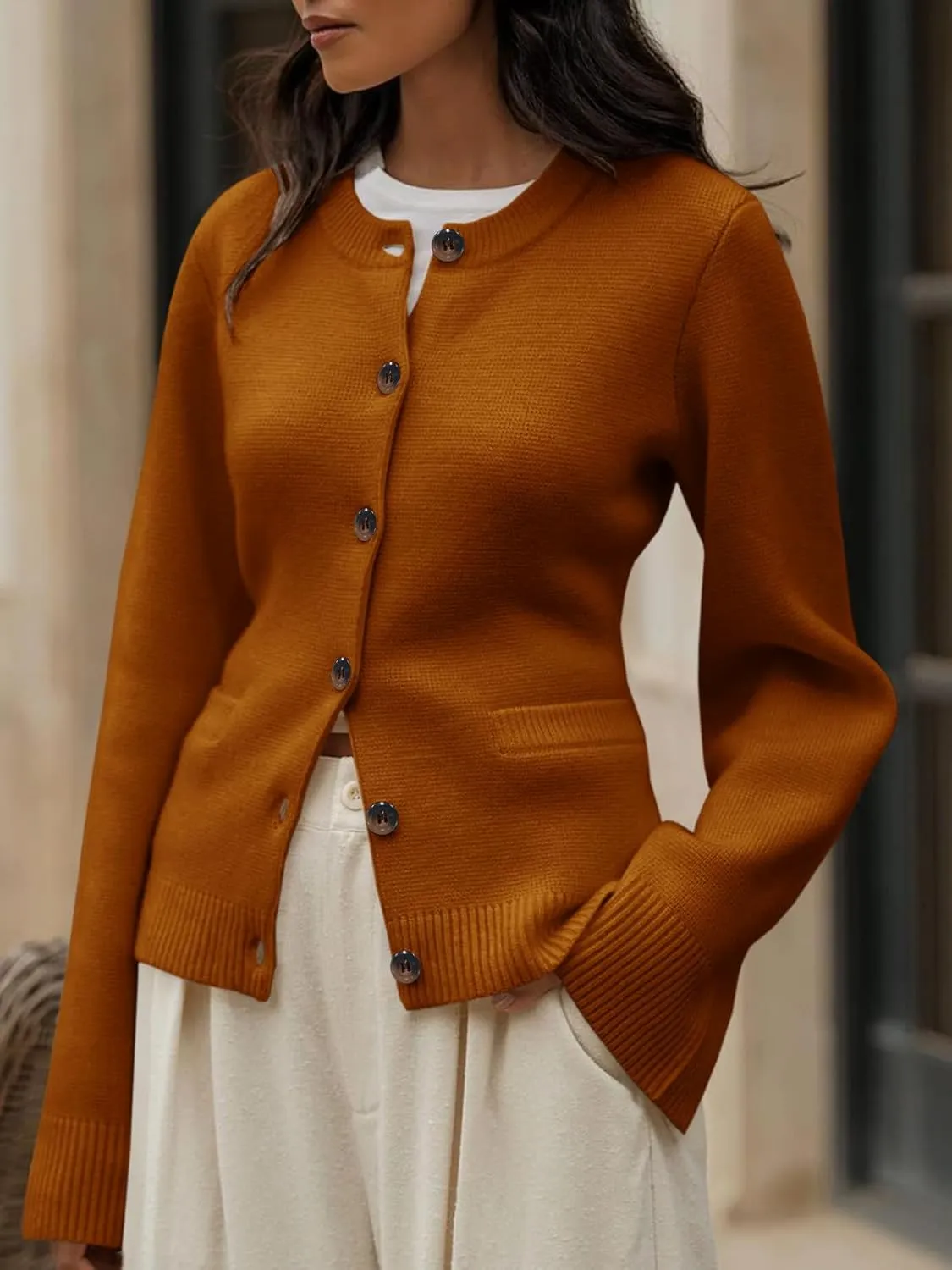 Langwyqu Womens Button Down Cardigan Sweaters Open Front Long Sleeve Slim Fit Sweater Coat Winter Solid Outwear with Pockets