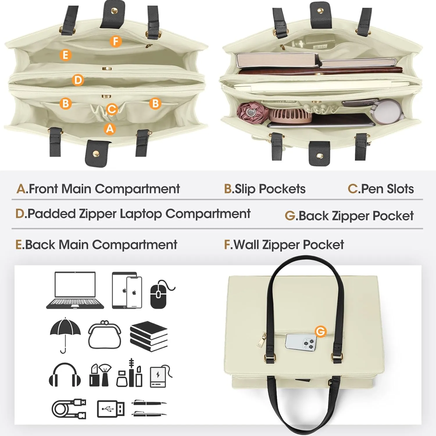 Laptop Bag for Women 15.6 inch Laptop Tote Bag Waterproof Leather Computer Bag Large Lightweight Briefcase Professional Business Office Work Bag, Beige with Black