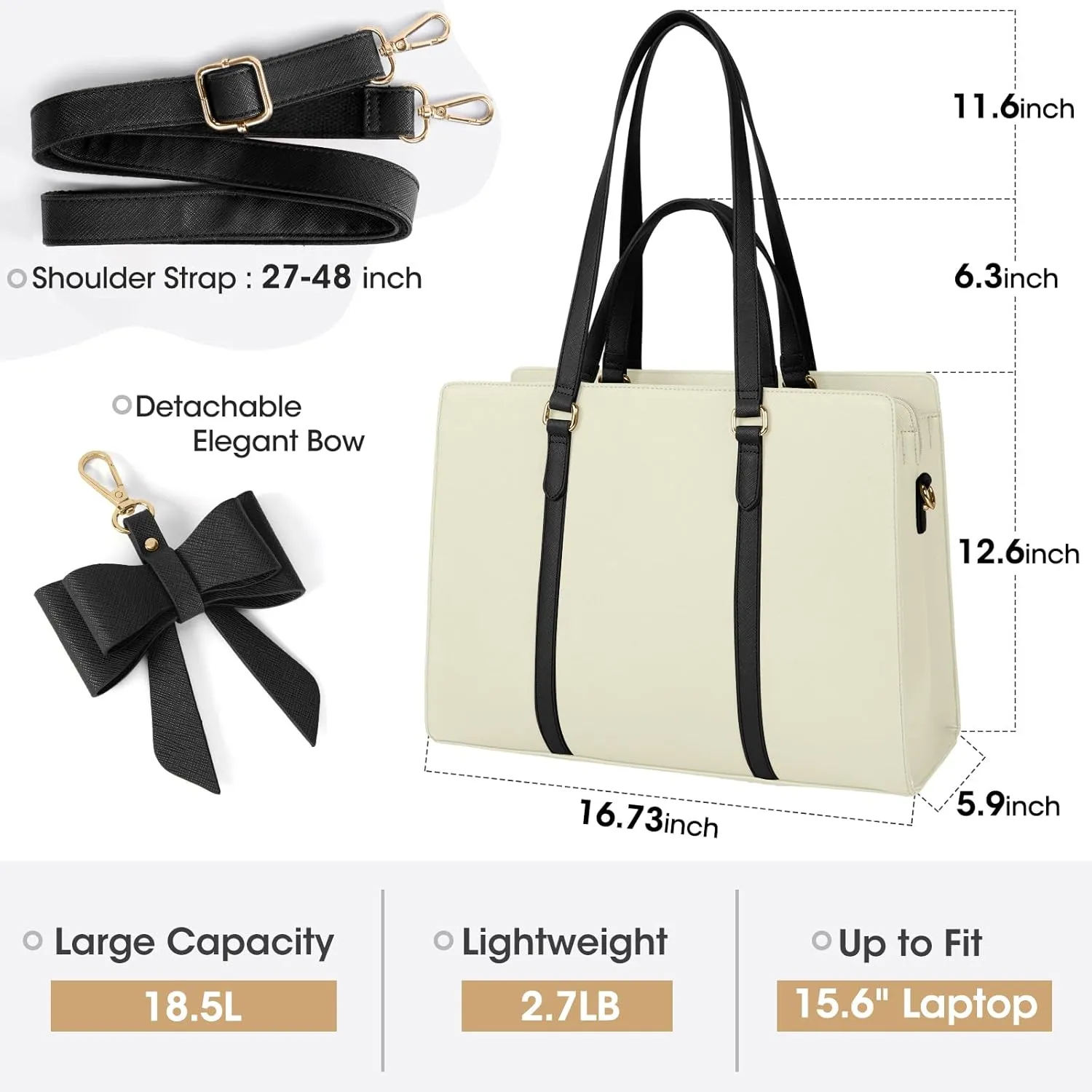 Laptop Bag for Women 15.6 inch Laptop Tote Bag Waterproof Leather Computer Bag Large Lightweight Briefcase Professional Business Office Work Bag, Beige with Black