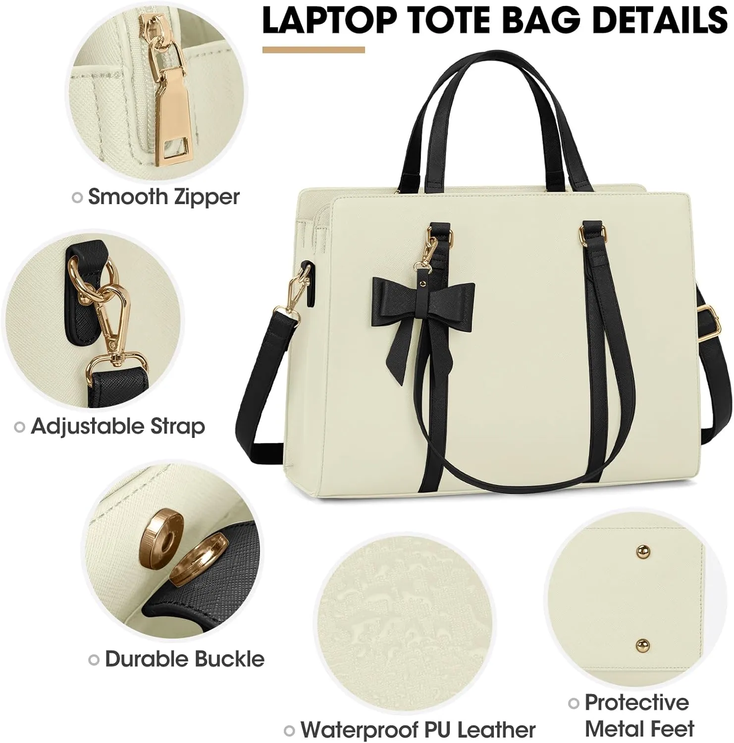 Laptop Bag for Women 15.6 inch Laptop Tote Bag Waterproof Leather Computer Bag Large Lightweight Briefcase Professional Business Office Work Bag, Beige with Black