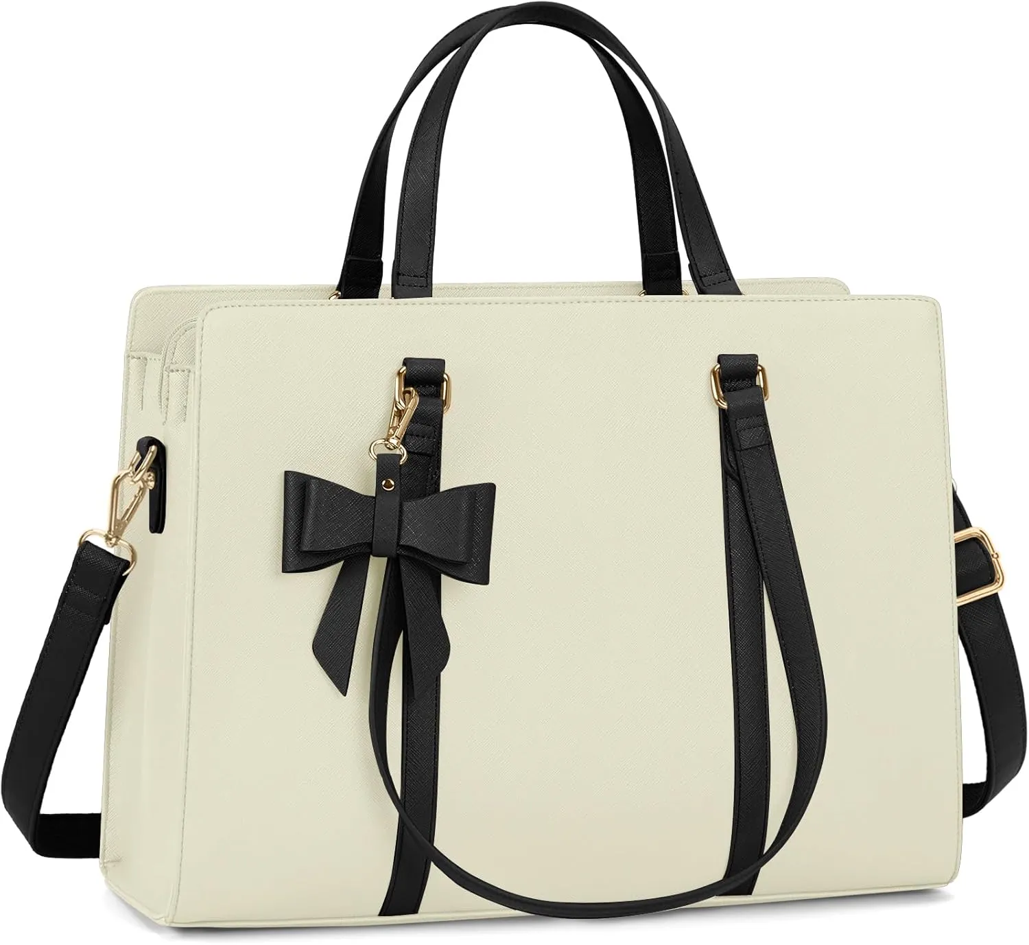 Laptop Bag for Women 15.6 inch Laptop Tote Bag Waterproof Leather Computer Bag Large Lightweight Briefcase Professional Business Office Work Bag, Beige with Black