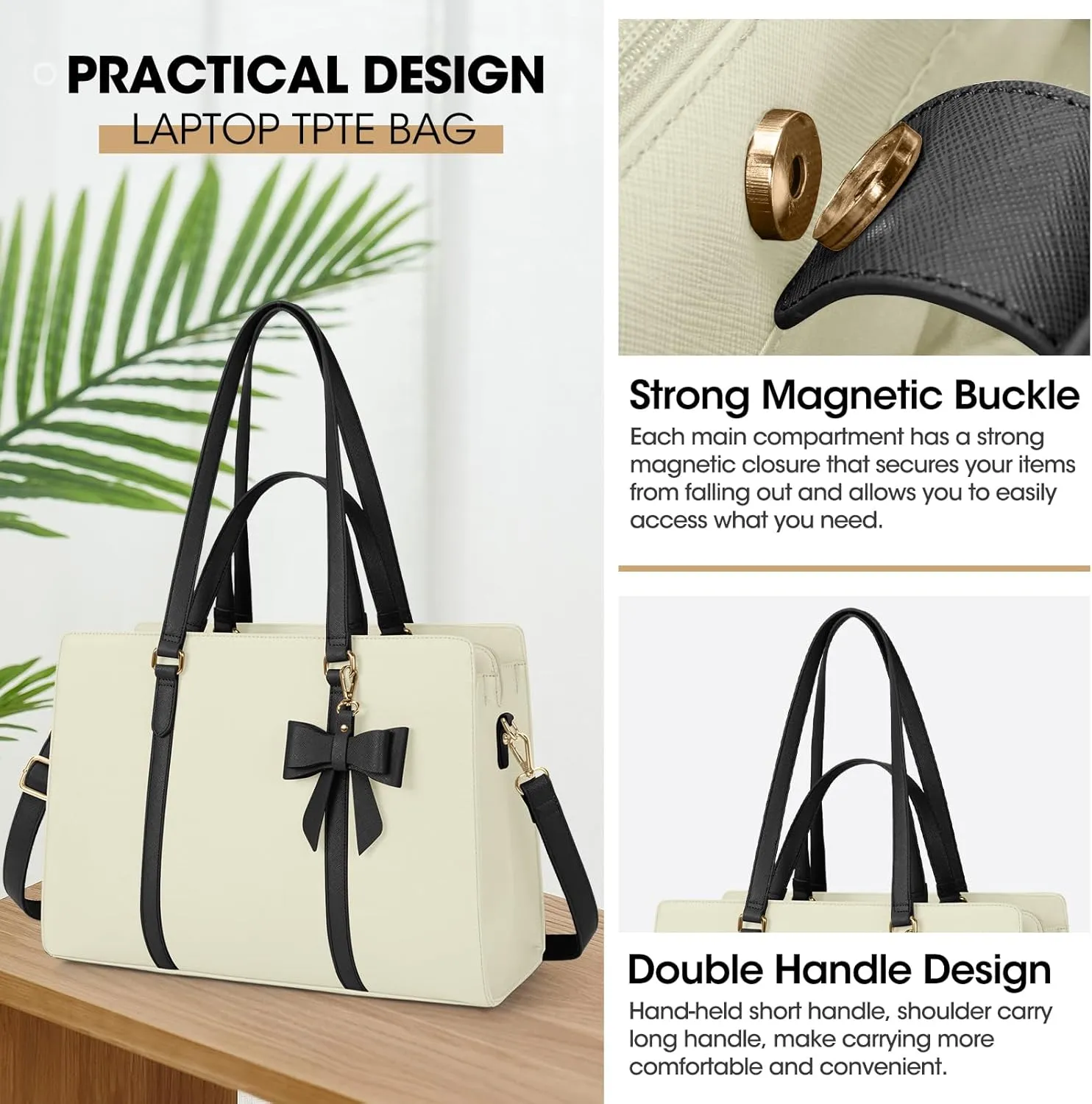 Laptop Bag for Women 15.6 inch Laptop Tote Bag Waterproof Leather Computer Bag Large Lightweight Briefcase Professional Business Office Work Bag, Beige with Black