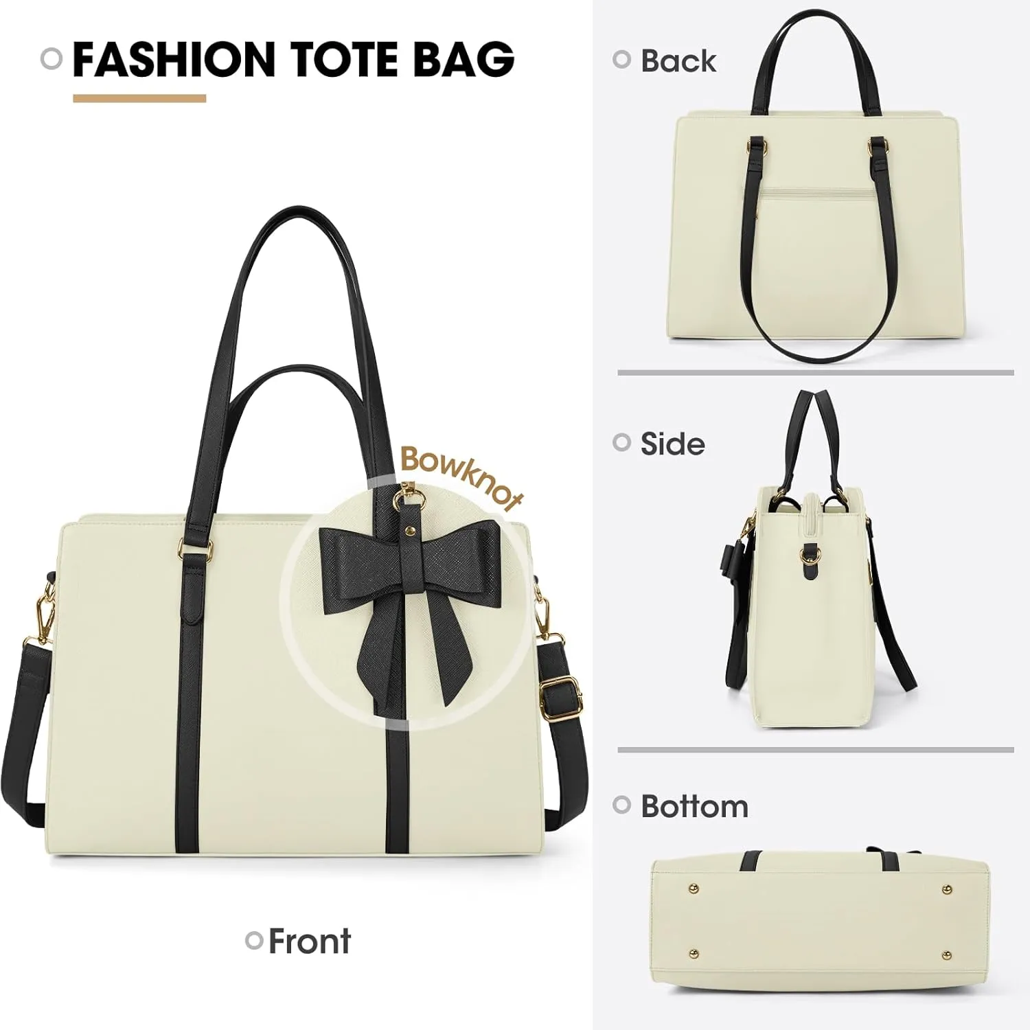 Laptop Bag for Women 15.6 inch Laptop Tote Bag Waterproof Leather Computer Bag Large Lightweight Briefcase Professional Business Office Work Bag, Beige with Black