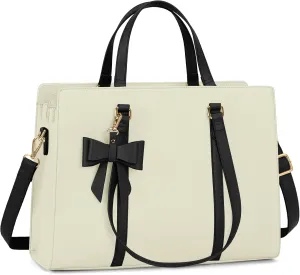Laptop Bag for Women 15.6 inch Laptop Tote Bag Waterproof Leather Computer Bag Large Lightweight Briefcase Professional Business Office Work Bag, Beige with Black