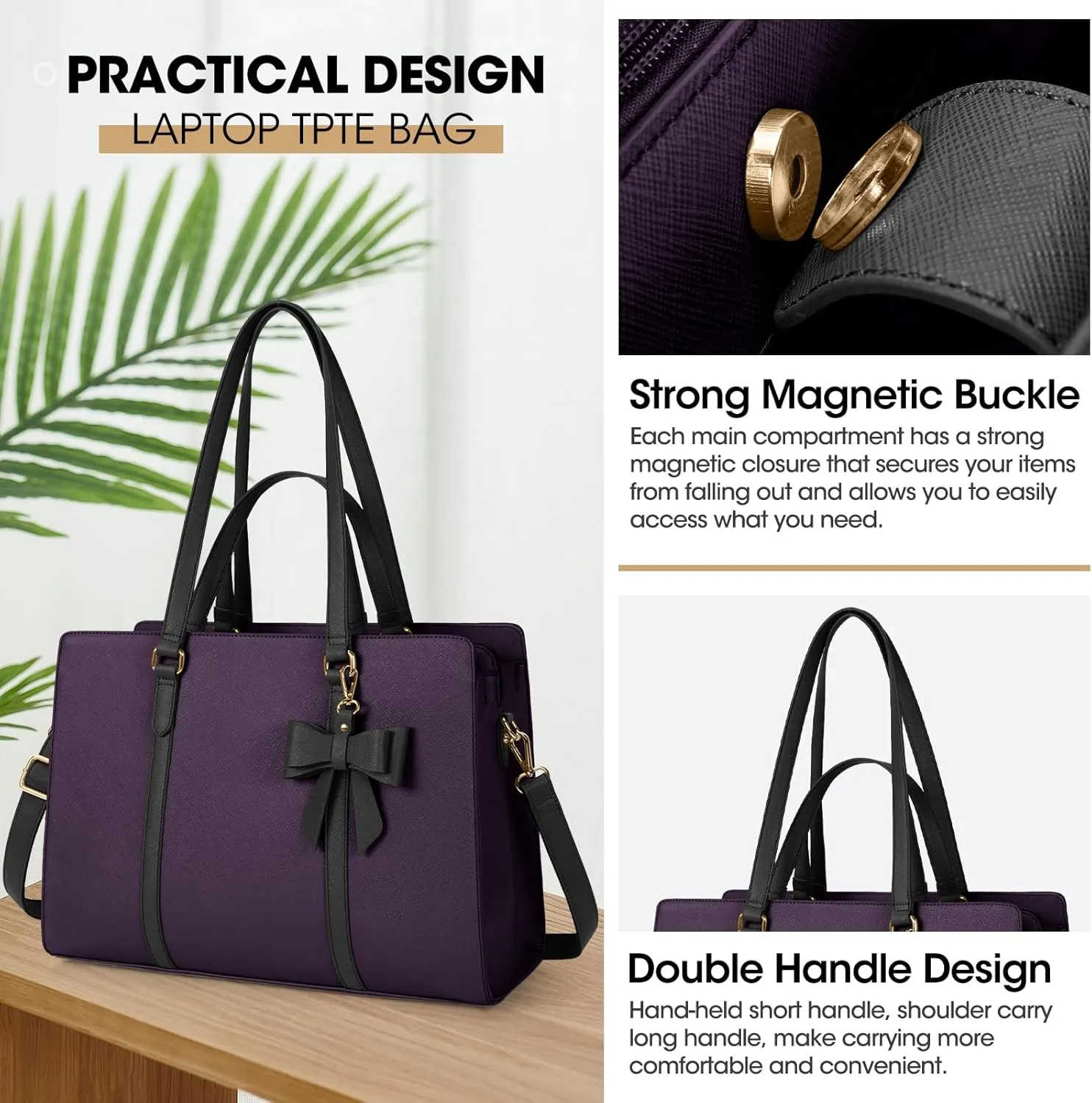 Laptop Bag for Women 15.6 inch Laptop Tote Bag Waterproof Leather Computer Bag Large Lightweight Briefcase Professional Business Office Work Bag, Dark Purple with Black