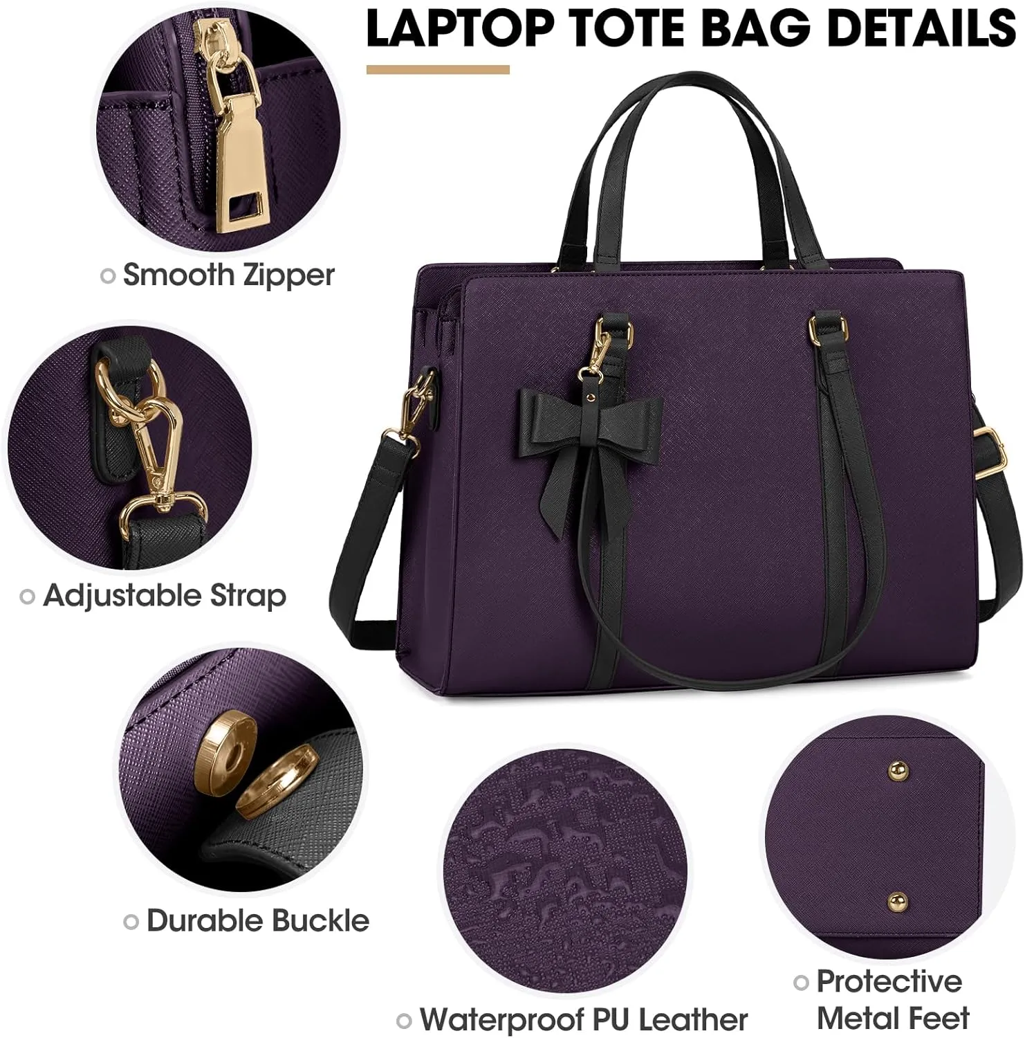 Laptop Bag for Women 15.6 inch Laptop Tote Bag Waterproof Leather Computer Bag Large Lightweight Briefcase Professional Business Office Work Bag, Dark Purple with Black
