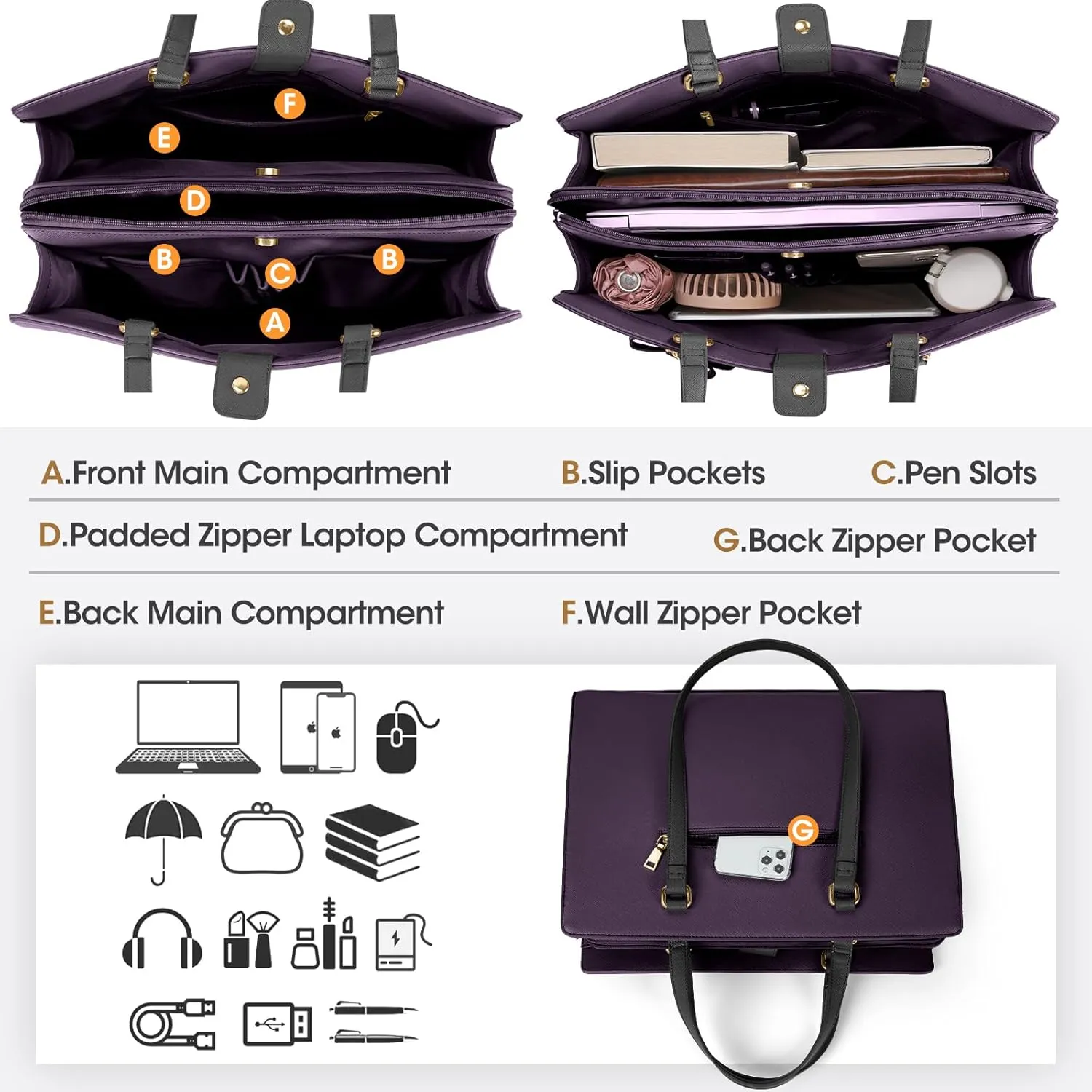 Laptop Bag for Women 15.6 inch Laptop Tote Bag Waterproof Leather Computer Bag Large Lightweight Briefcase Professional Business Office Work Bag, Dark Purple with Black